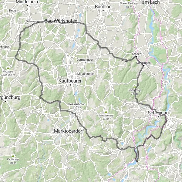 Map miniature of "Peiting and Beyond" cycling inspiration in Oberbayern, Germany. Generated by Tarmacs.app cycling route planner