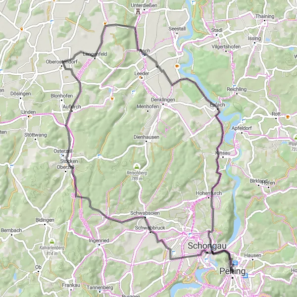 Map miniature of "Peiting Scenic Loop" cycling inspiration in Oberbayern, Germany. Generated by Tarmacs.app cycling route planner