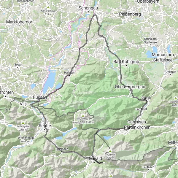 Map miniature of "Peiting Alpine Adventure" cycling inspiration in Oberbayern, Germany. Generated by Tarmacs.app cycling route planner