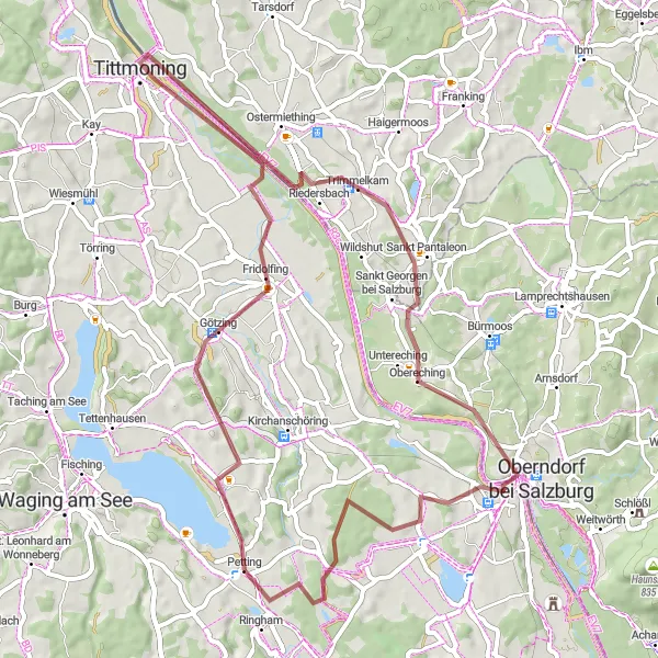 Map miniature of "Salzburg Border Ride" cycling inspiration in Oberbayern, Germany. Generated by Tarmacs.app cycling route planner