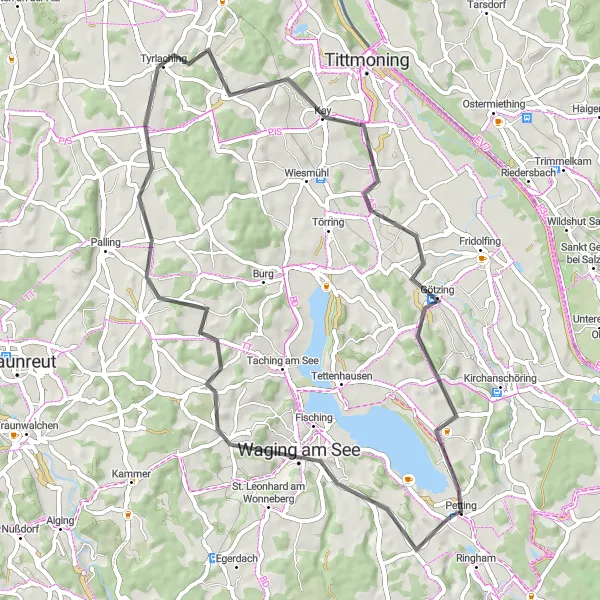 Map miniature of "Idyllic Lake Views and Tranquil Villages" cycling inspiration in Oberbayern, Germany. Generated by Tarmacs.app cycling route planner