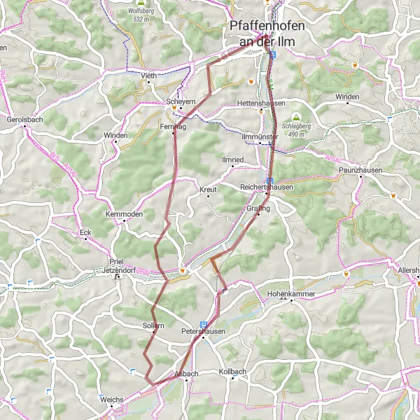 Map miniature of "Mesnerhaus Gravel Adventure" cycling inspiration in Oberbayern, Germany. Generated by Tarmacs.app cycling route planner