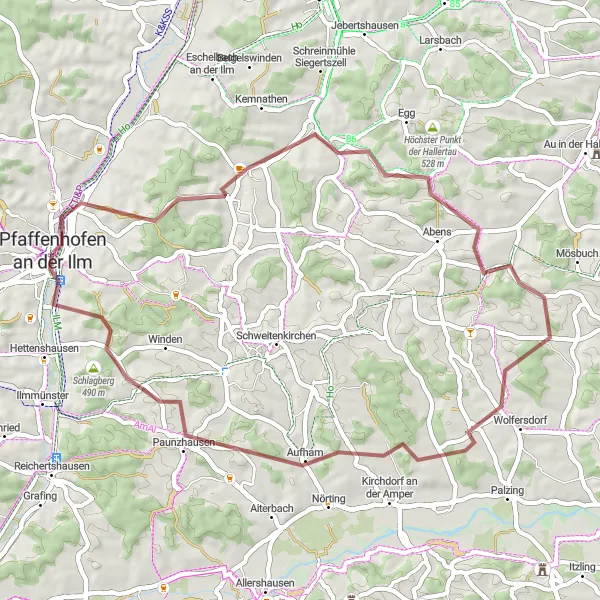 Map miniature of "Rural Gravel Escape" cycling inspiration in Oberbayern, Germany. Generated by Tarmacs.app cycling route planner