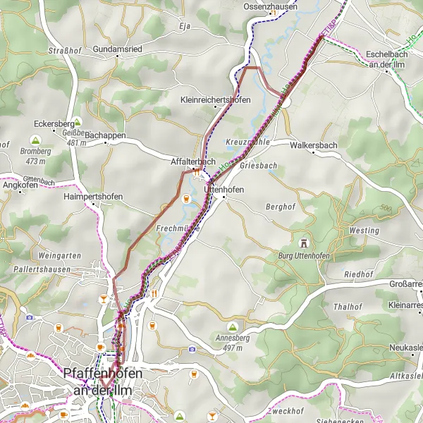 Map miniature of "Pfaffenhofen Historic Loop" cycling inspiration in Oberbayern, Germany. Generated by Tarmacs.app cycling route planner
