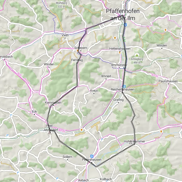 Map miniature of "Scenic Road Ride to Scheyern" cycling inspiration in Oberbayern, Germany. Generated by Tarmacs.app cycling route planner