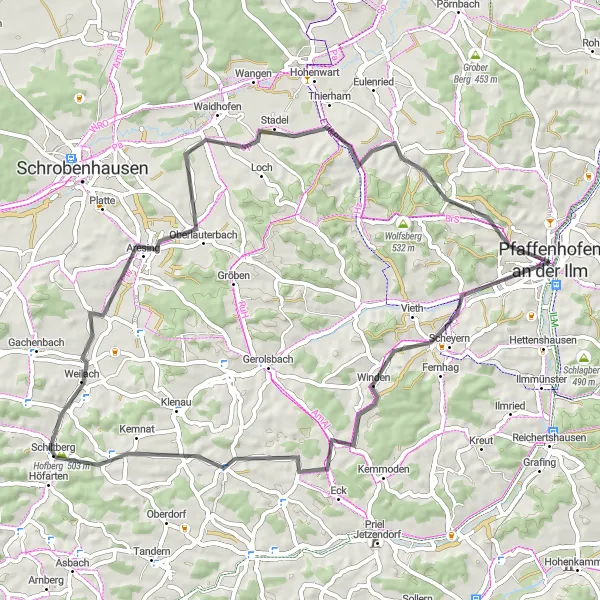 Map miniature of "Countryside Road Adventure" cycling inspiration in Oberbayern, Germany. Generated by Tarmacs.app cycling route planner
