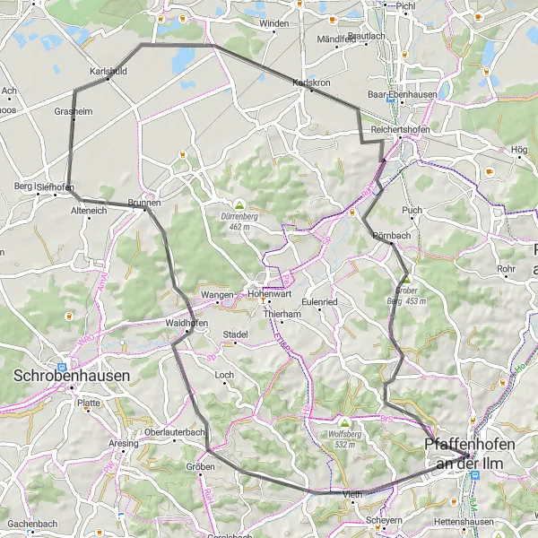 Map miniature of "Scenic Ride to Pörnbach" cycling inspiration in Oberbayern, Germany. Generated by Tarmacs.app cycling route planner