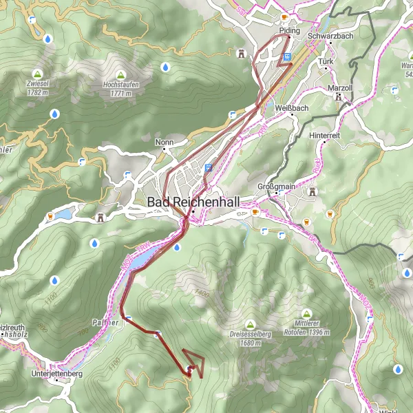 Map miniature of "Scenic Gravel Route through Piding Countryside" cycling inspiration in Oberbayern, Germany. Generated by Tarmacs.app cycling route planner