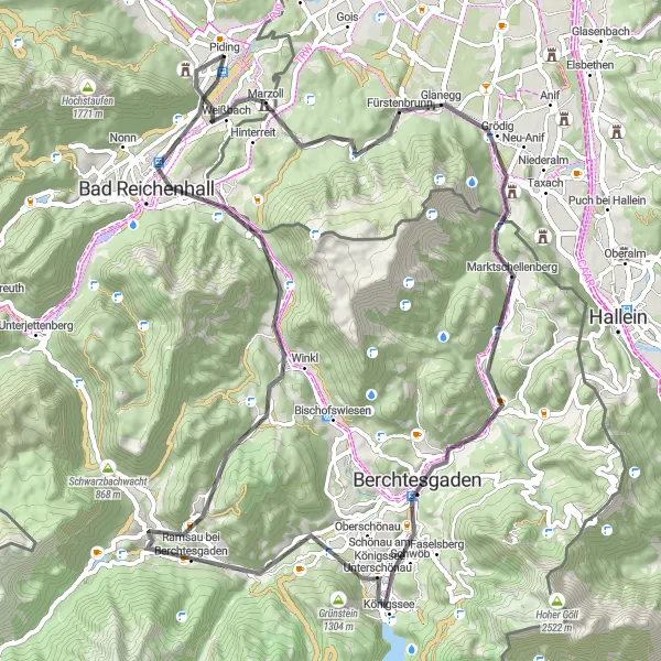 Map miniature of "Challenging Road Cycling Tour from Piding" cycling inspiration in Oberbayern, Germany. Generated by Tarmacs.app cycling route planner
