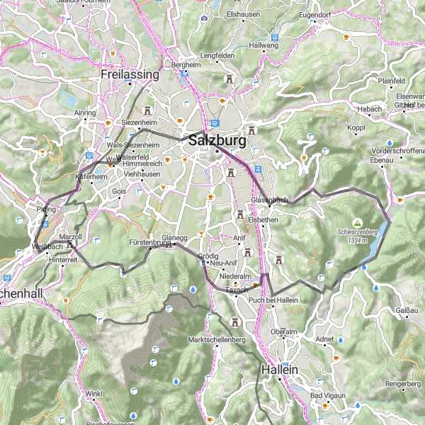 Map miniature of "Scenic Road Cycling Route near Piding" cycling inspiration in Oberbayern, Germany. Generated by Tarmacs.app cycling route planner