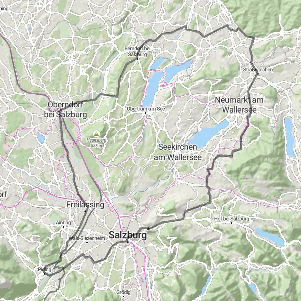 Karten-Miniaturansicht der Radinspiration "Rundfahrt von Piding nach Salzburg" in Oberbayern, Germany. Erstellt vom Tarmacs.app-Routenplaner für Radtouren