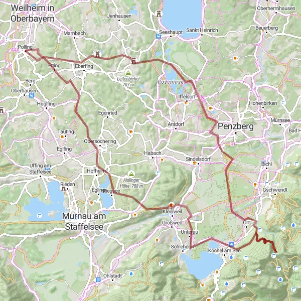 Map miniature of "Exploring the Wilderness" cycling inspiration in Oberbayern, Germany. Generated by Tarmacs.app cycling route planner