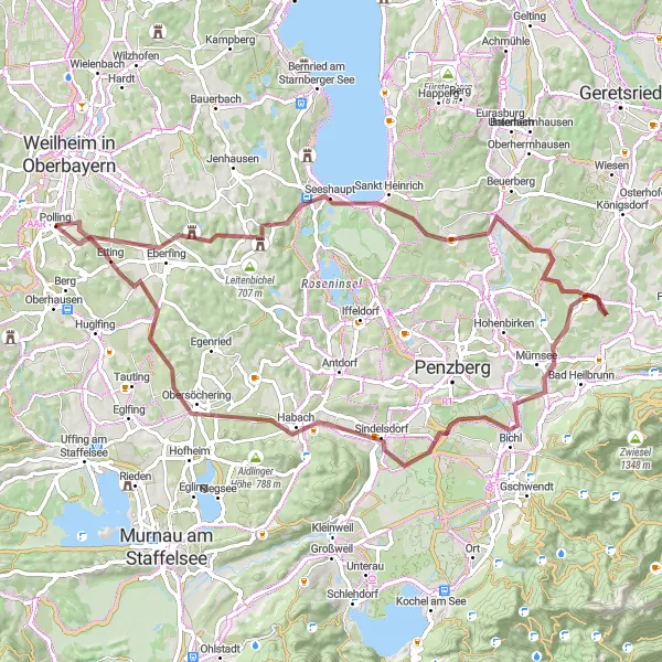 Map miniature of "Scenic Gravel Ride" cycling inspiration in Oberbayern, Germany. Generated by Tarmacs.app cycling route planner