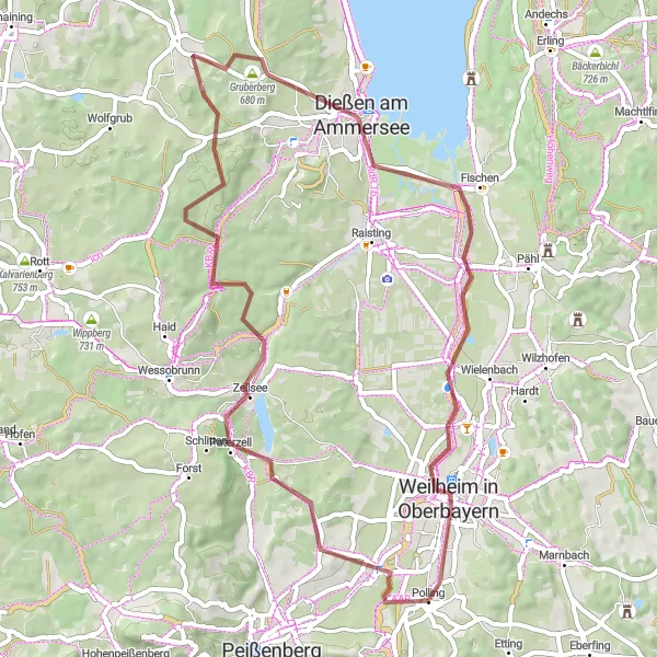 Map miniature of "Ammerberg and Weinberg Gravel Loop" cycling inspiration in Oberbayern, Germany. Generated by Tarmacs.app cycling route planner