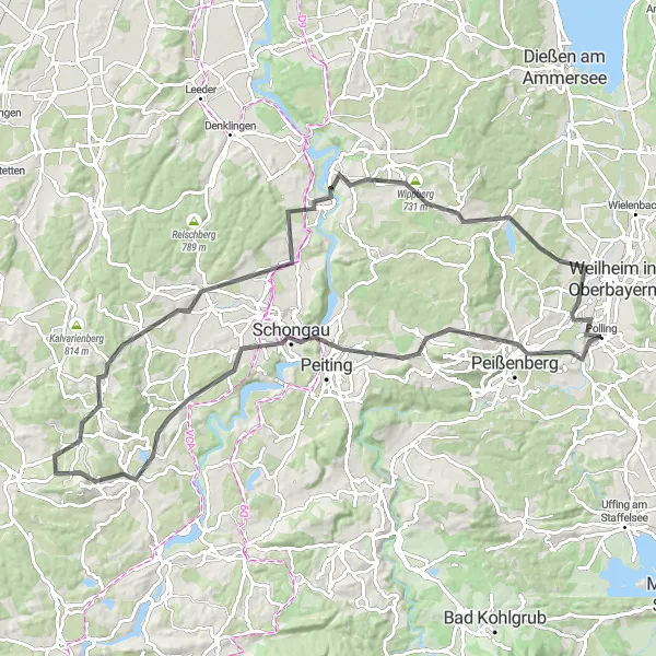 Map miniature of "Discover the Bavarian Hills" cycling inspiration in Oberbayern, Germany. Generated by Tarmacs.app cycling route planner