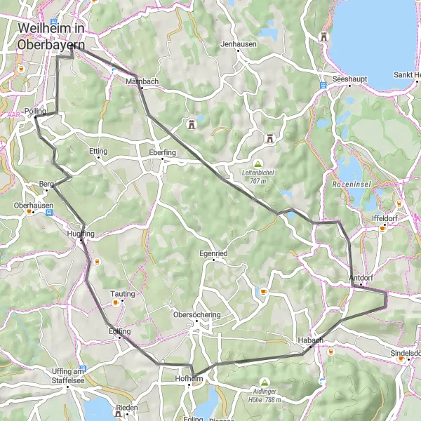Map miniature of "Polling to Eichberg and Pullach Road Cycling Route" cycling inspiration in Oberbayern, Germany. Generated by Tarmacs.app cycling route planner