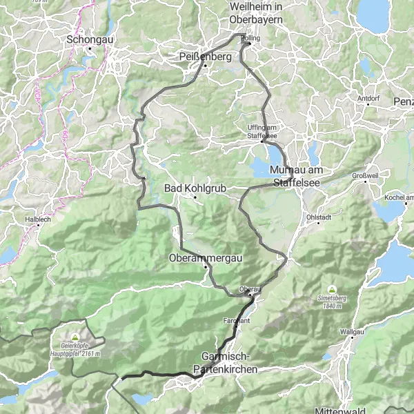 Map miniature of "Epic Road Cycling Route: Oberbayern Tour" cycling inspiration in Oberbayern, Germany. Generated by Tarmacs.app cycling route planner