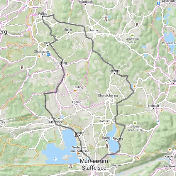 Map miniature of "Staffelsee Loop" cycling inspiration in Oberbayern, Germany. Generated by Tarmacs.app cycling route planner