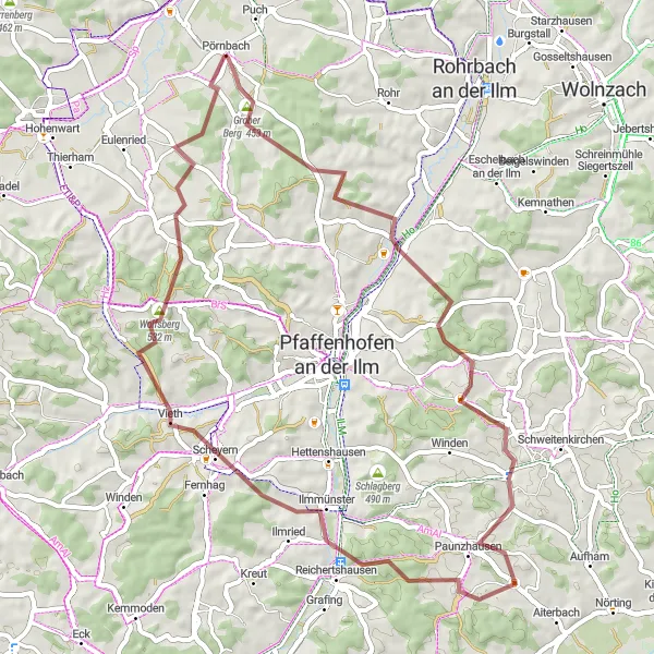 Map miniature of "Affalterbach to Pörnbach" cycling inspiration in Oberbayern, Germany. Generated by Tarmacs.app cycling route planner