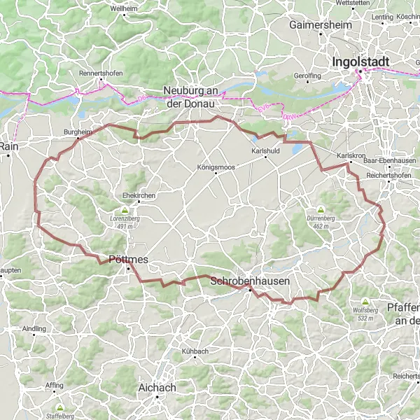 Map miniature of "Pörnbach to Karlskron" cycling inspiration in Oberbayern, Germany. Generated by Tarmacs.app cycling route planner