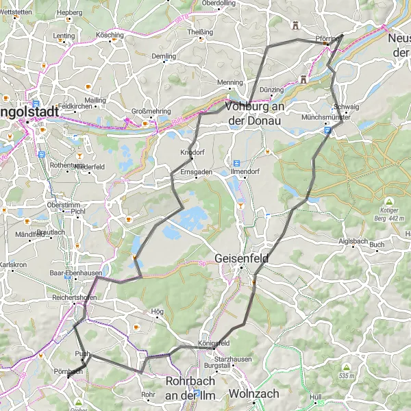 Map miniature of "Reichertshofen to Münchsmünster" cycling inspiration in Oberbayern, Germany. Generated by Tarmacs.app cycling route planner