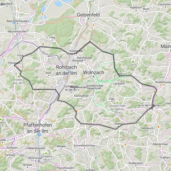 Map miniature of "Königsfeld Hills" cycling inspiration in Oberbayern, Germany. Generated by Tarmacs.app cycling route planner