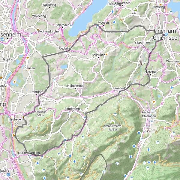 Map miniature of "Road Cycling Adventure in Oberbayern" cycling inspiration in Oberbayern, Germany. Generated by Tarmacs.app cycling route planner