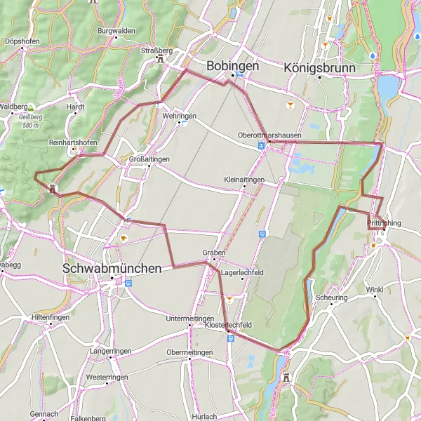 Karten-Miniaturansicht der Radinspiration "Gravel Tour um Prittriching" in Oberbayern, Germany. Erstellt vom Tarmacs.app-Routenplaner für Radtouren