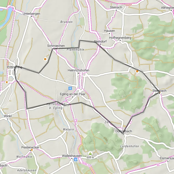 Karten-Miniaturansicht der Radinspiration "Radeln durch die Natur rund um Prittriching" in Oberbayern, Germany. Erstellt vom Tarmacs.app-Routenplaner für Radtouren