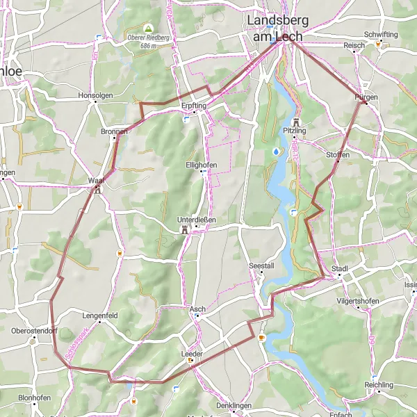 Map miniature of "Scenic Gravel Adventure" cycling inspiration in Oberbayern, Germany. Generated by Tarmacs.app cycling route planner