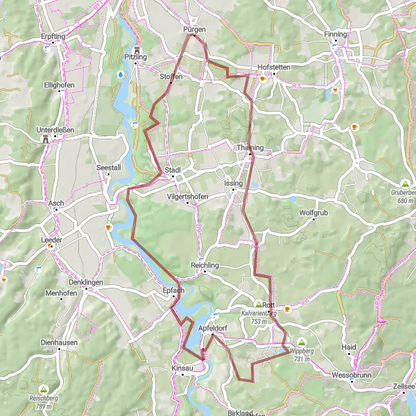 Map miniature of "Ludenhausen Gravel Ride" cycling inspiration in Oberbayern, Germany. Generated by Tarmacs.app cycling route planner