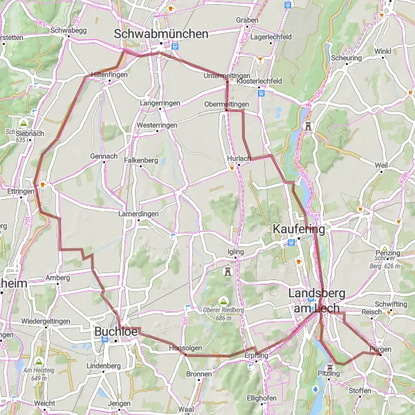 Karten-Miniaturansicht der Radinspiration "Rundweg ab Pürgen über Buchloe und Kaufering" in Oberbayern, Germany. Erstellt vom Tarmacs.app-Routenplaner für Radtouren
