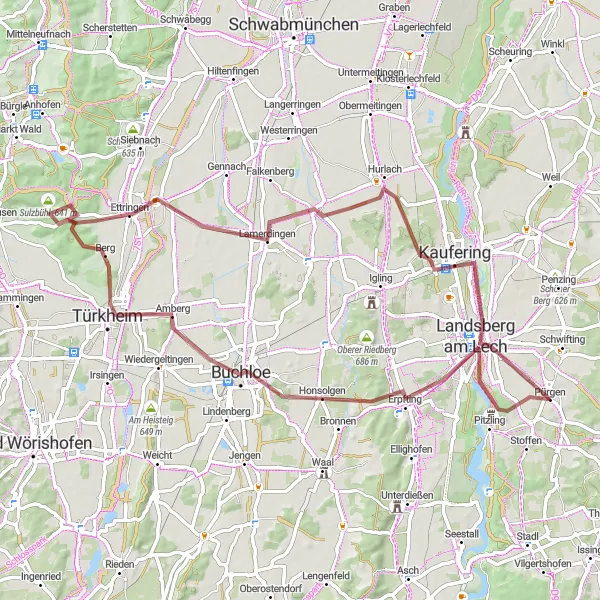 Karten-Miniaturansicht der Radinspiration "Rundweg ab Pürgen über Türkheim und Hurlach" in Oberbayern, Germany. Erstellt vom Tarmacs.app-Routenplaner für Radtouren