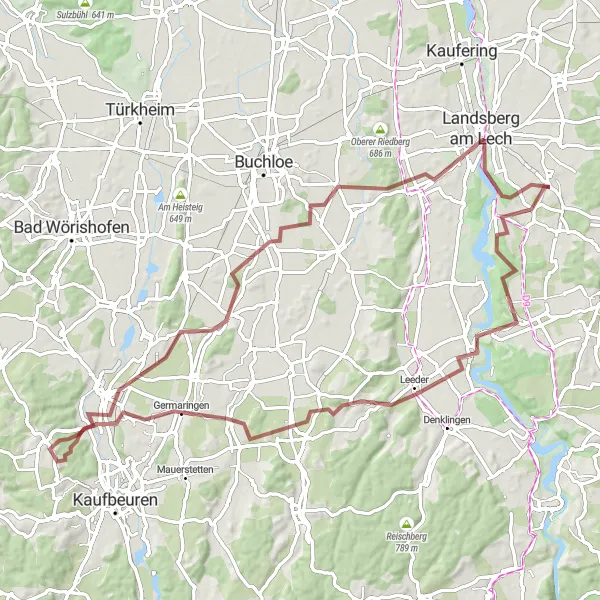 Map miniature of "Challenging Gravel feat. Landsberg am Lech" cycling inspiration in Oberbayern, Germany. Generated by Tarmacs.app cycling route planner