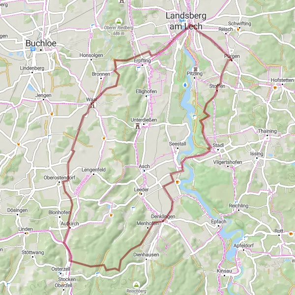Map miniature of "Pürgen Gravel Loop" cycling inspiration in Oberbayern, Germany. Generated by Tarmacs.app cycling route planner