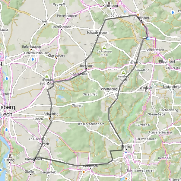 Karten-Miniaturansicht der Radinspiration "Panoramastraße über Geltendorf" in Oberbayern, Germany. Erstellt vom Tarmacs.app-Routenplaner für Radtouren