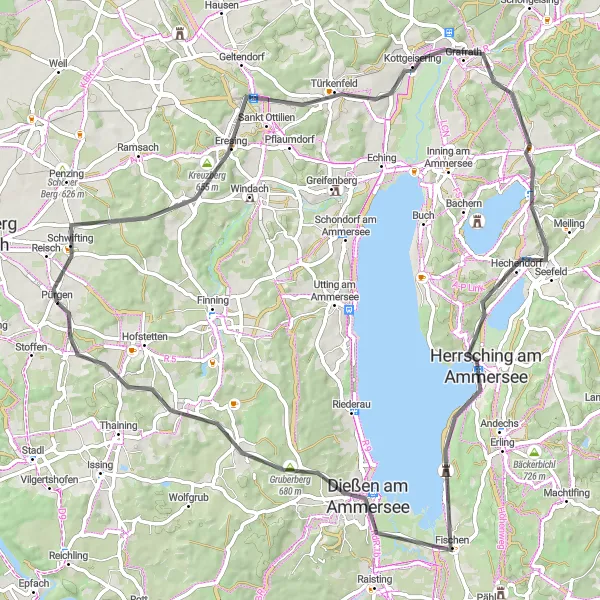 Karten-Miniaturansicht der Radinspiration "Rund um den Ammersee" in Oberbayern, Germany. Erstellt vom Tarmacs.app-Routenplaner für Radtouren