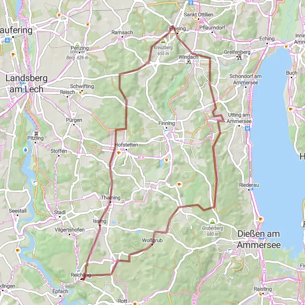 Karten-Miniaturansicht der Radinspiration "Gravel-Abenteuer durch windige Wege" in Oberbayern, Germany. Erstellt vom Tarmacs.app-Routenplaner für Radtouren