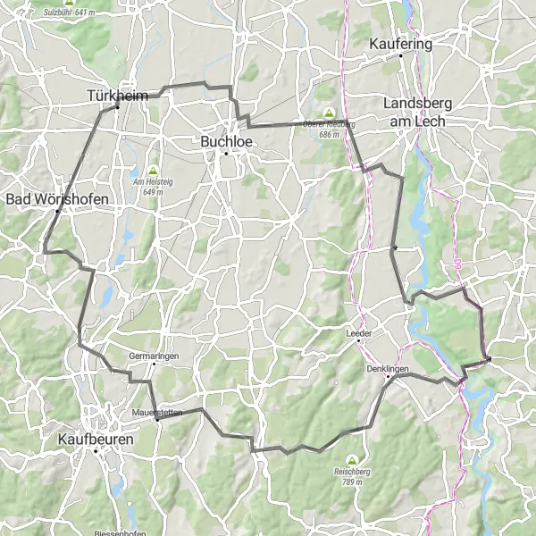 Karten-Miniaturansicht der Radinspiration "Schwabentour durch Denklingen und Pforzen" in Oberbayern, Germany. Erstellt vom Tarmacs.app-Routenplaner für Radtouren