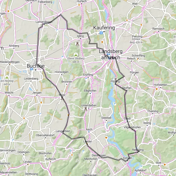 Map miniature of "Denklingen to Landsberg am Lech Loop" cycling inspiration in Oberbayern, Germany. Generated by Tarmacs.app cycling route planner