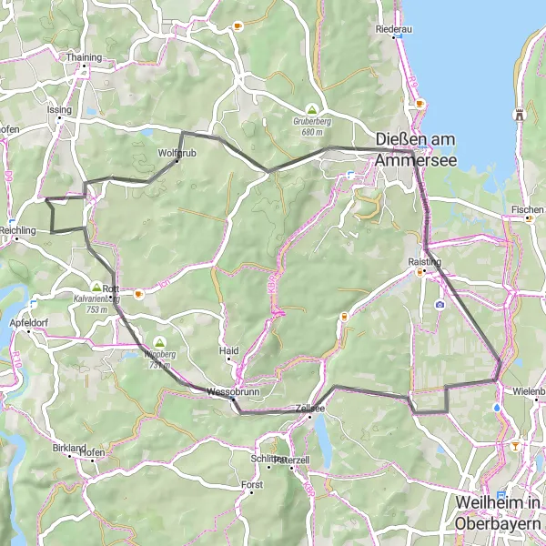 Karten-Miniaturansicht der Radinspiration "Radtour durch Weinberg und Dießen am Ammersee" in Oberbayern, Germany. Erstellt vom Tarmacs.app-Routenplaner für Radtouren
