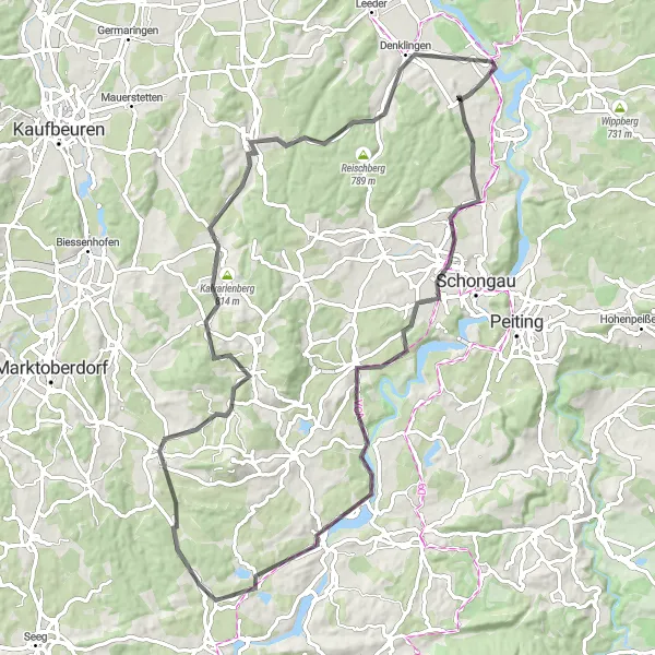 Karten-Miniaturansicht der Radinspiration "Bergtour durch Lustberg und Lechbruck am See" in Oberbayern, Germany. Erstellt vom Tarmacs.app-Routenplaner für Radtouren