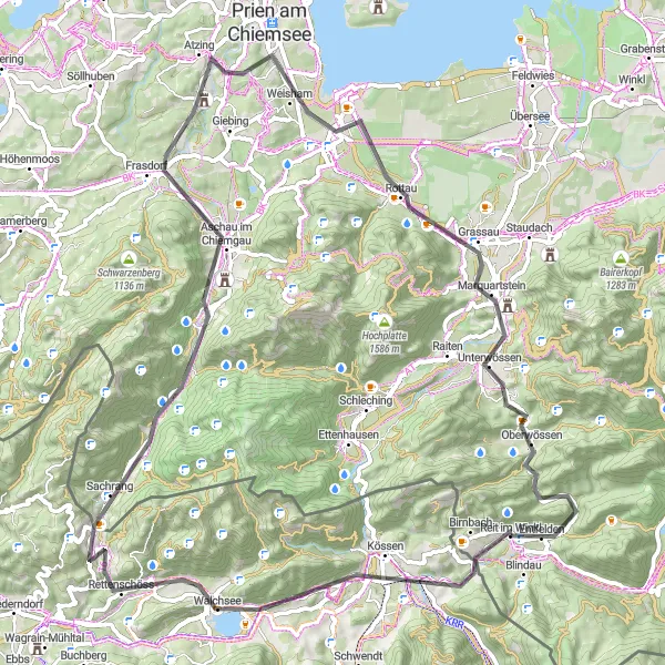 Map miniature of "Kössen - Bernau am Chiemsee Loop" cycling inspiration in Oberbayern, Germany. Generated by Tarmacs.app cycling route planner