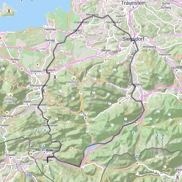 Karten-Miniaturansicht der Radinspiration "Chiemgau Alpenstraße Schleife" in Oberbayern, Germany. Erstellt vom Tarmacs.app-Routenplaner für Radtouren
