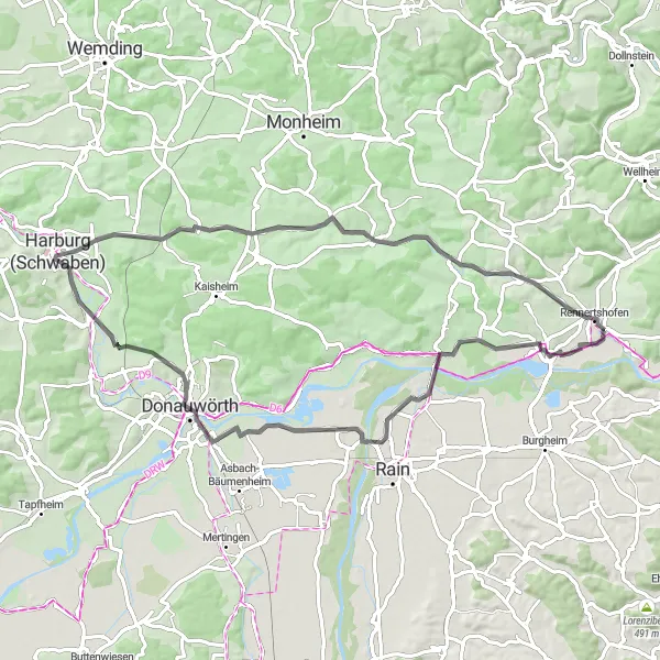 Karten-Miniaturansicht der Radinspiration "Donauwörth und Harburg Tour" in Oberbayern, Germany. Erstellt vom Tarmacs.app-Routenplaner für Radtouren