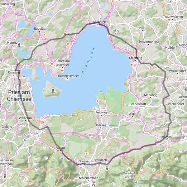 Map miniature of "Chiemsee Loop" cycling inspiration in Oberbayern, Germany. Generated by Tarmacs.app cycling route planner