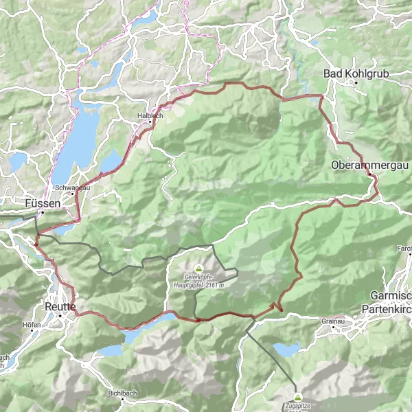 Map miniature of "Unterammergau and Surrounding Gravel Cycling Route " cycling inspiration in Oberbayern, Germany. Generated by Tarmacs.app cycling route planner