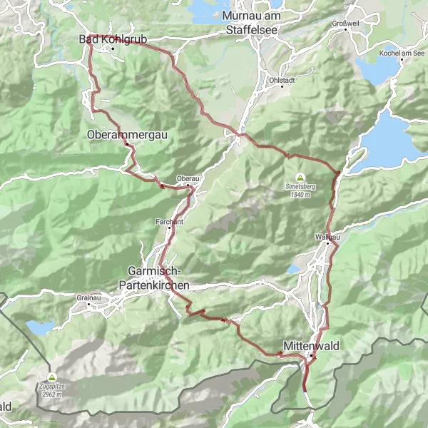 Map miniature of "Saulgrub Gravel Route 2" cycling inspiration in Oberbayern, Germany. Generated by Tarmacs.app cycling route planner