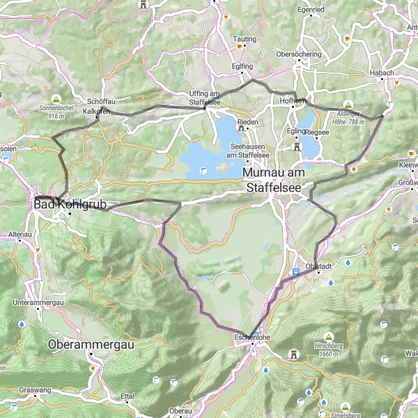 Map miniature of "Saulgrub Road Route 1" cycling inspiration in Oberbayern, Germany. Generated by Tarmacs.app cycling route planner