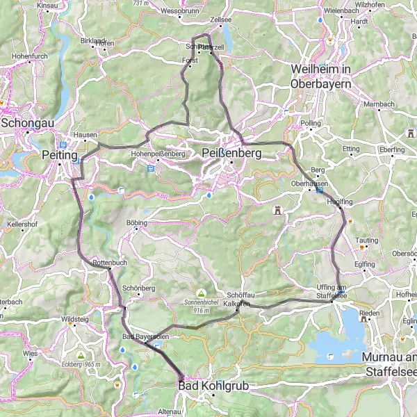 Map miniature of "Scenic Road Cycling Route through Rottenbuch and Bad Bayersoien" cycling inspiration in Oberbayern, Germany. Generated by Tarmacs.app cycling route planner